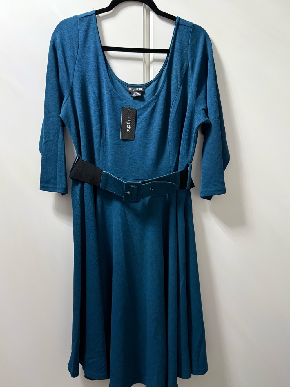 City Chic Teal Long-Sleeve Belted Swing Dress